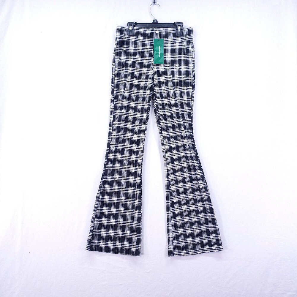 Shein EZwear Plaid Flared Pants Size M Black White Stretch Pull On Chic Retro